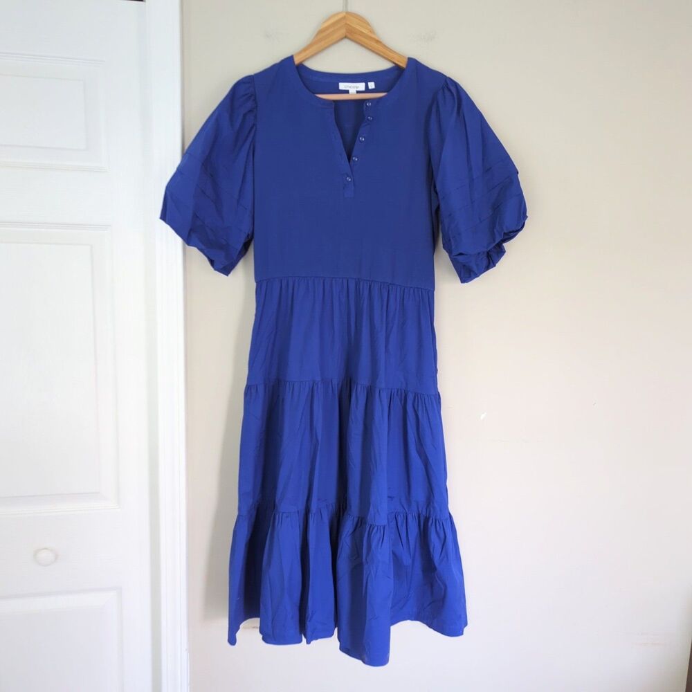 Chico's Cobalt Blue Puff Sleeve Henley Knit & Poplin Tiered Midi Dress Medium 1